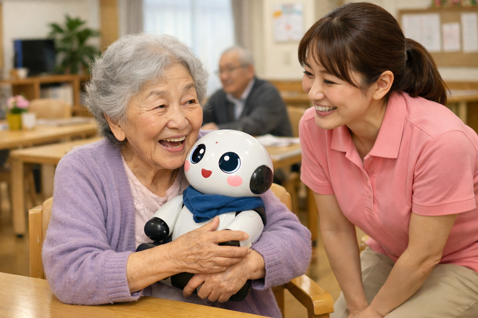 Elderly Woman with Robot in Senior Facility Room-1